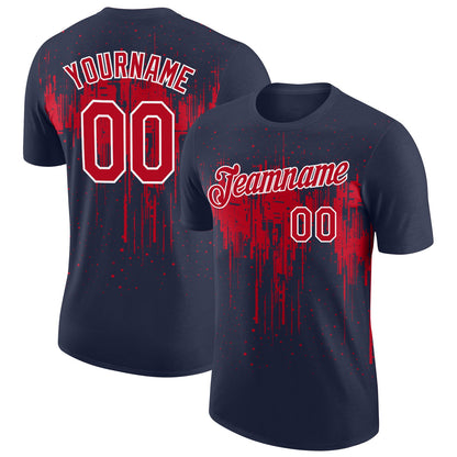 Custom Navy Red-White Dripping Splatter Paint Performance T-Shirt