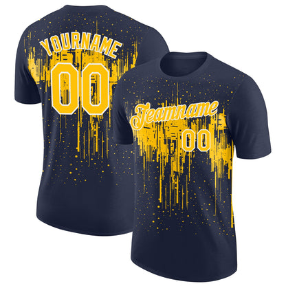 Custom Navy Yellow-White Dripping Splatter Paint Performance T-Shirt