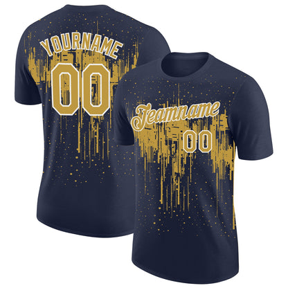 Custom Navy Old Gold-White Dripping Splatter Paint Performance T-Shirt