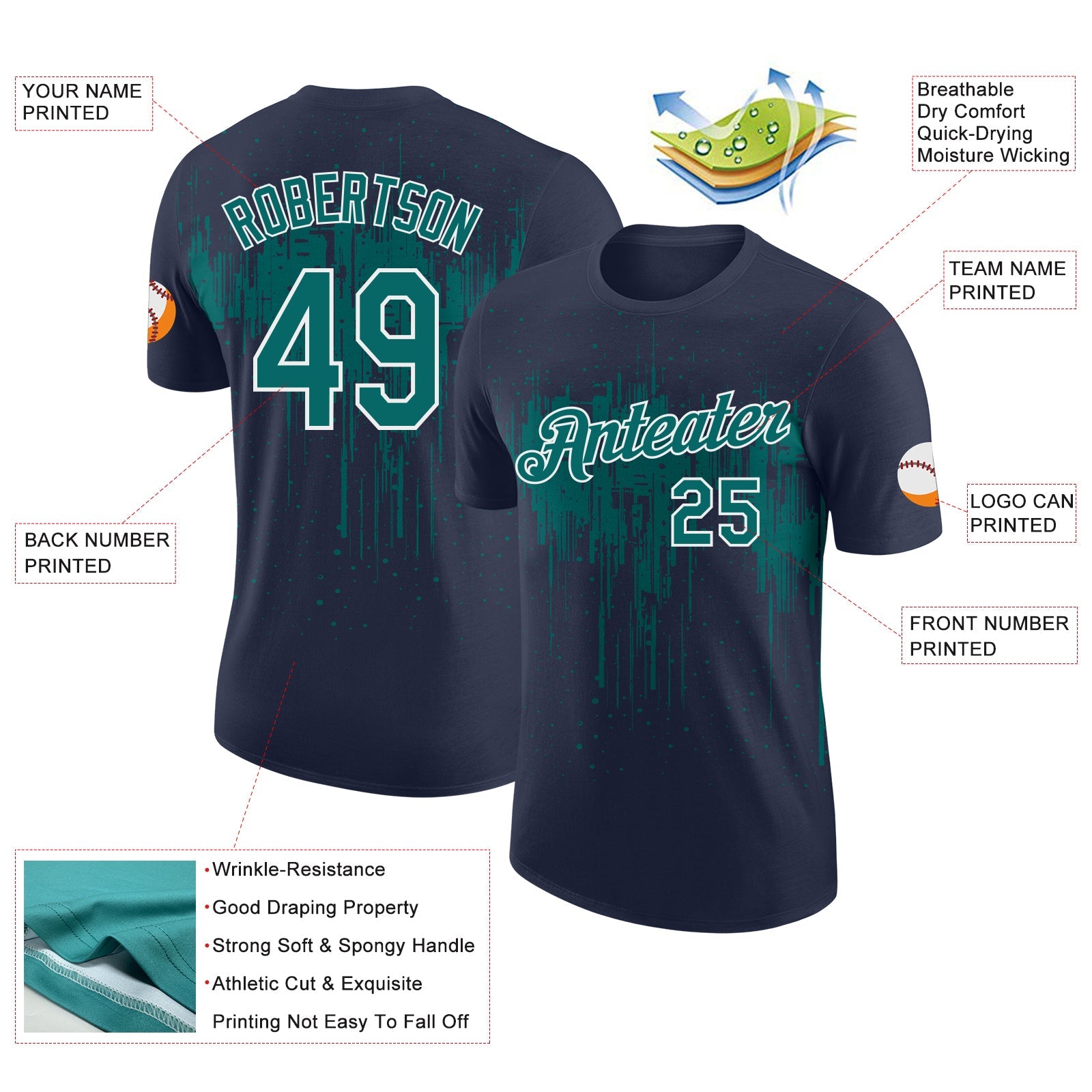 Custom Navy Teal-White Dripping Splatter Paint Performance T-Shirt