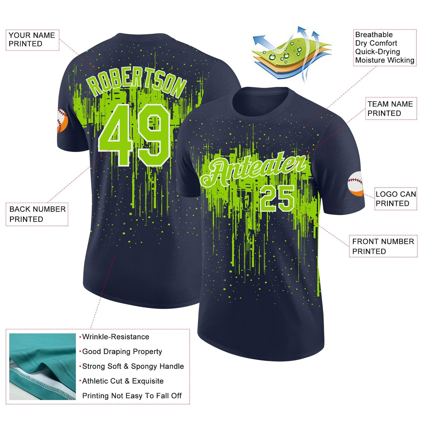 Custom Navy Neon Green-White Dripping Splatter Paint Performance T-Shirt