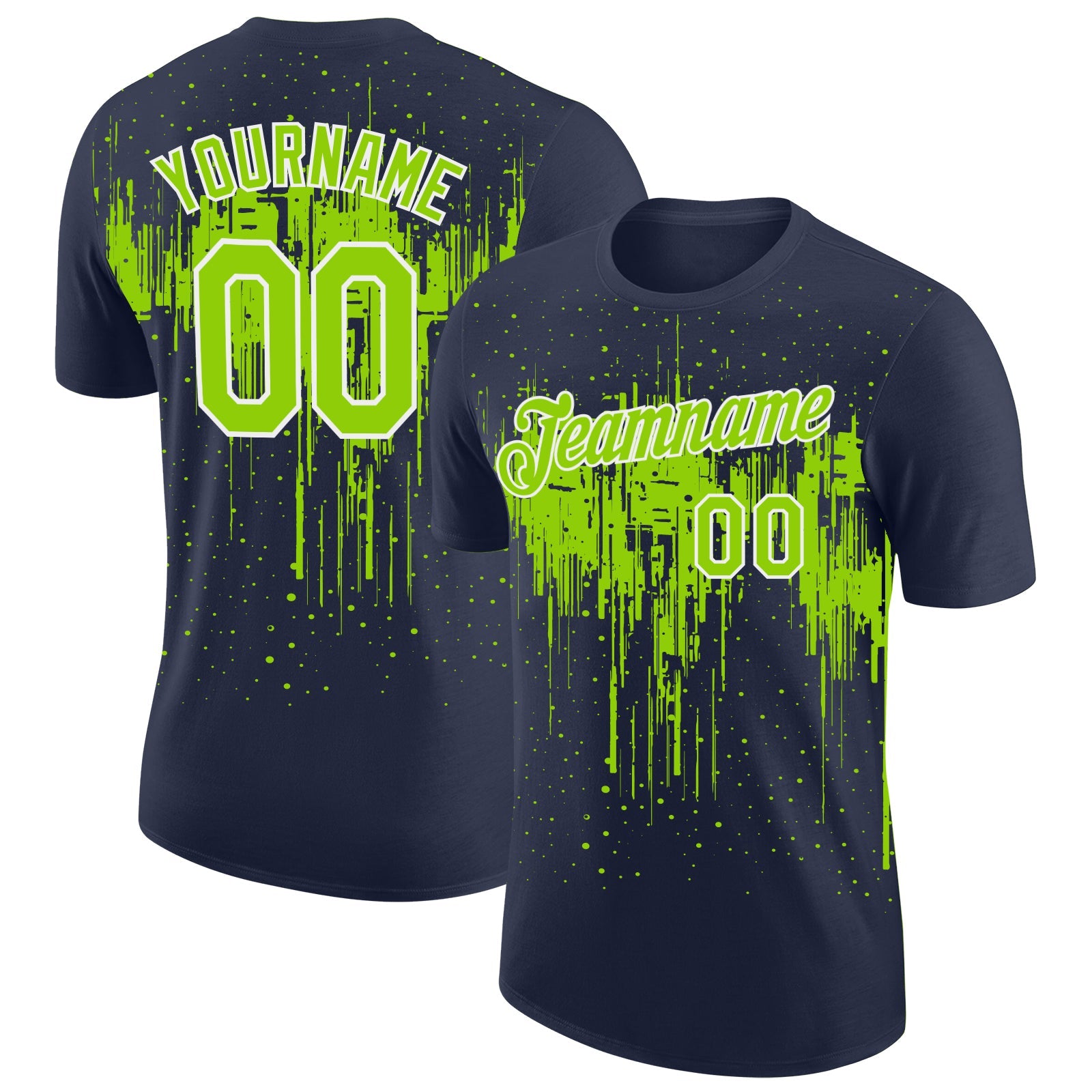 Custom Navy Neon Green-White Dripping Splatter Paint Performance T-Shirt