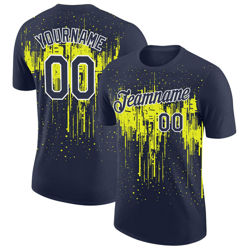 Custom Navy Neon Yellow-White Dripping Splatter Paint Performance T-Shirt