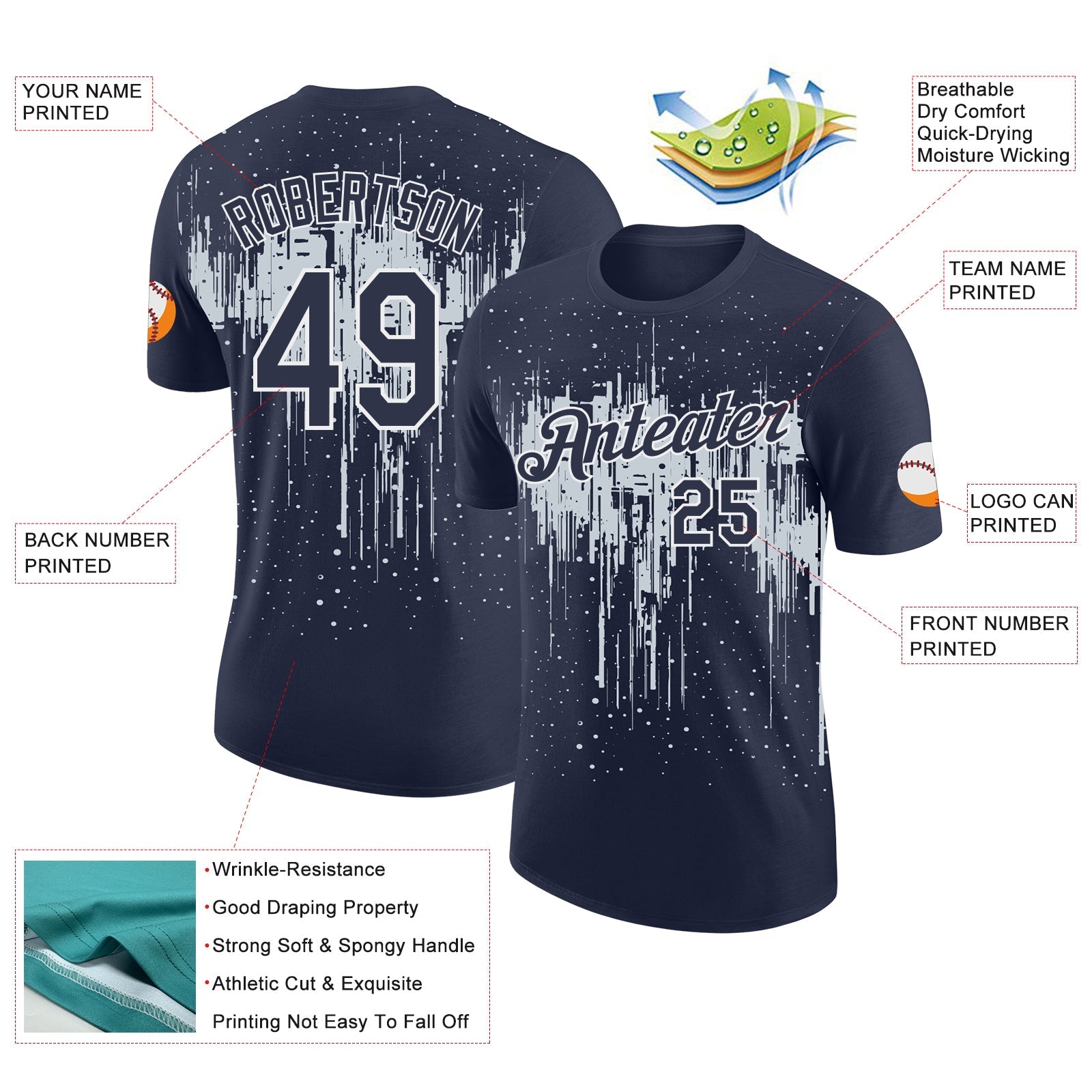 Custom Navy Silver-White Dripping Splatter Paint Performance T-Shirt