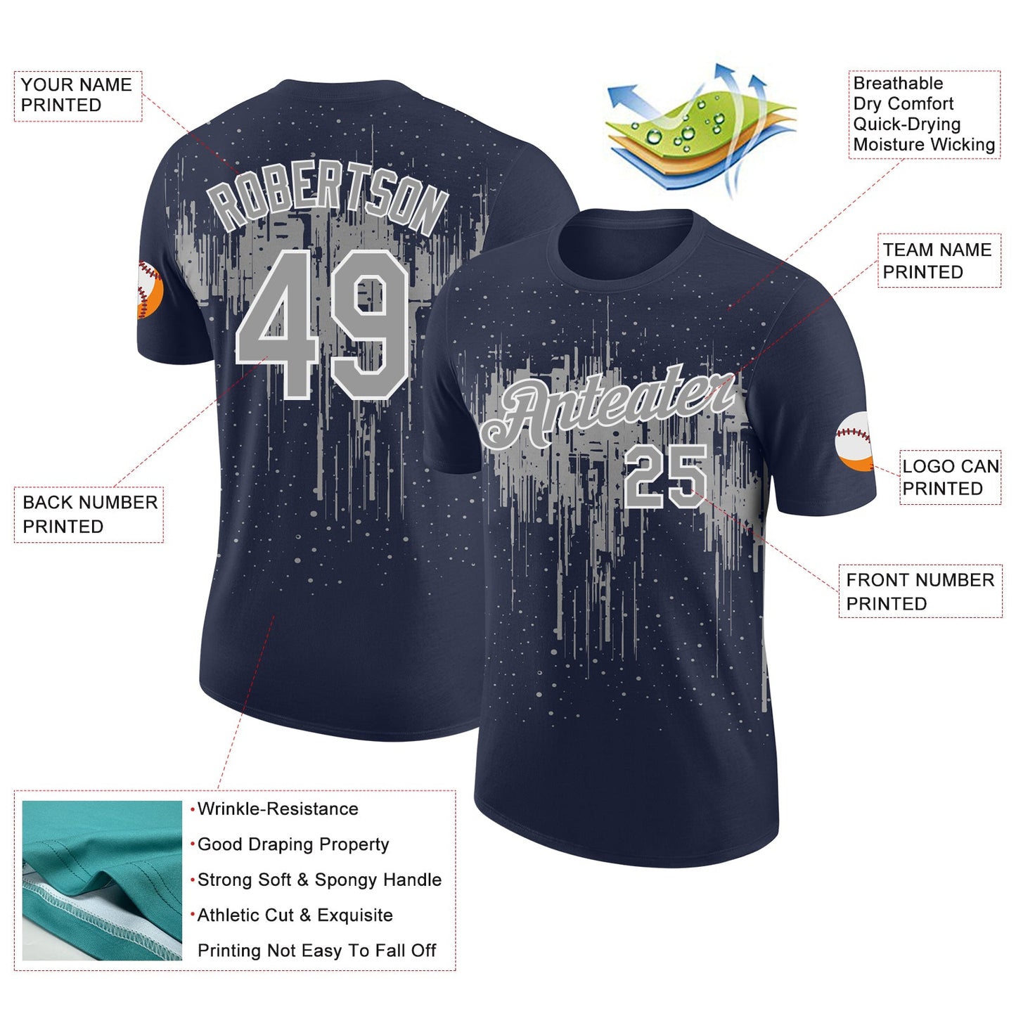 Custom Navy Gray-White Dripping Splatter Paint Performance T-Shirt