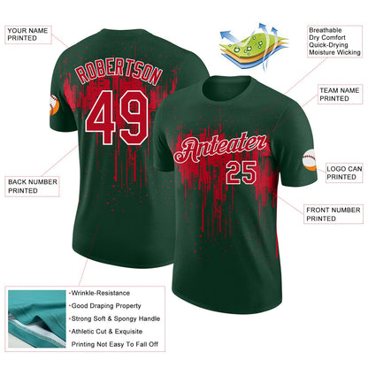 Custom Green Red-White Dripping Splatter Paint Performance T-Shirt