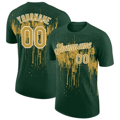 Custom Green Old Gold-White Dripping Splatter Paint Performance T-Shirt