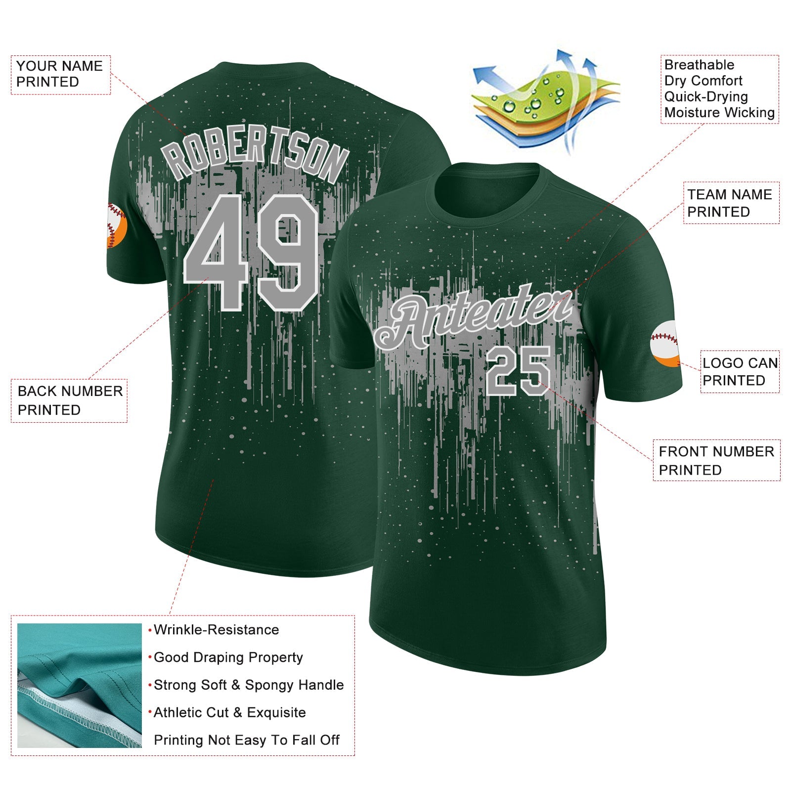 Custom Green Gray-White Dripping Splatter Paint Performance T-Shirt