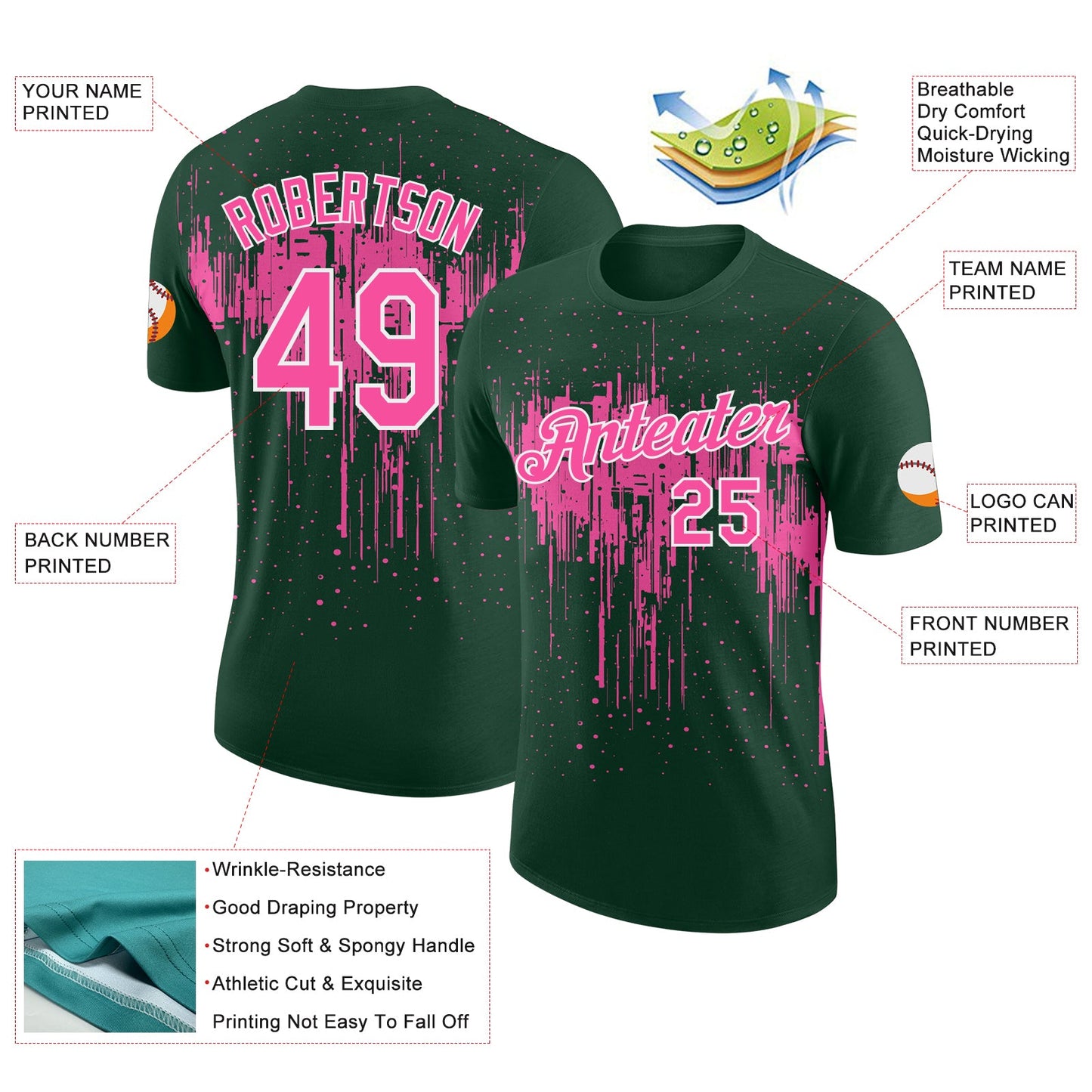 Custom Green Pink-White Dripping Splatter Paint Performance T-Shirt