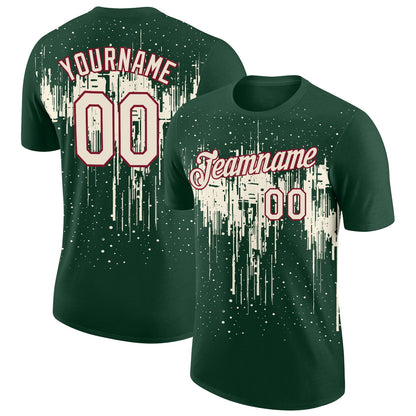 Custom Green Cream-Crimson Dripping Splatter Paint Performance T-Shirt