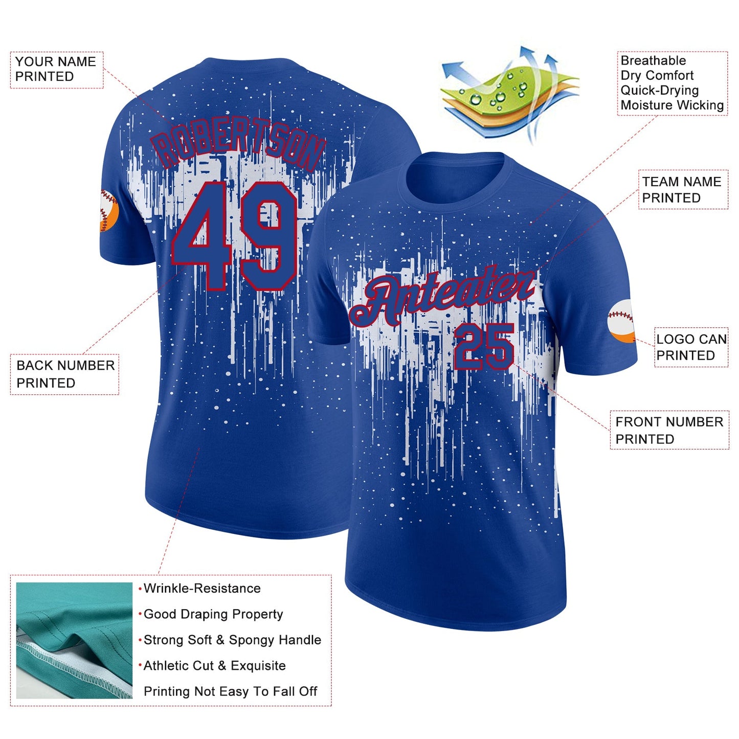 Custom Royal White-Red Dripping Splatter Paint Performance T-Shirt