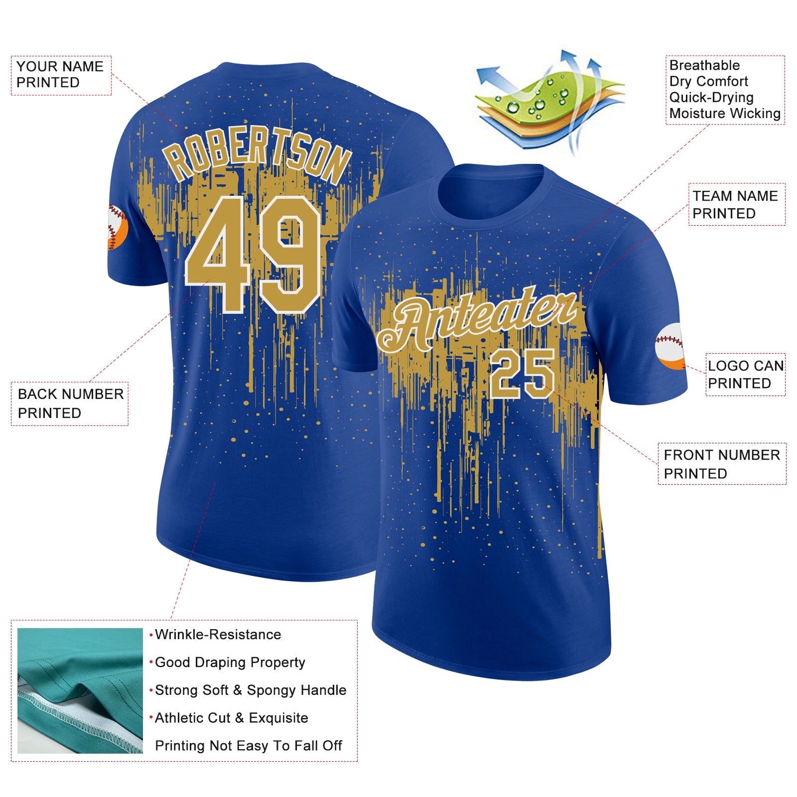Custom Royal Old Gold-White Dripping Splatter Paint Performance T-Shirt