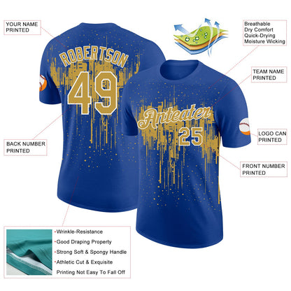Custom Royal Old Gold-White Dripping Splatter Paint Performance T-Shirt