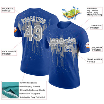 Custom Royal Gray-White Dripping Splatter Paint Performance T-Shirt