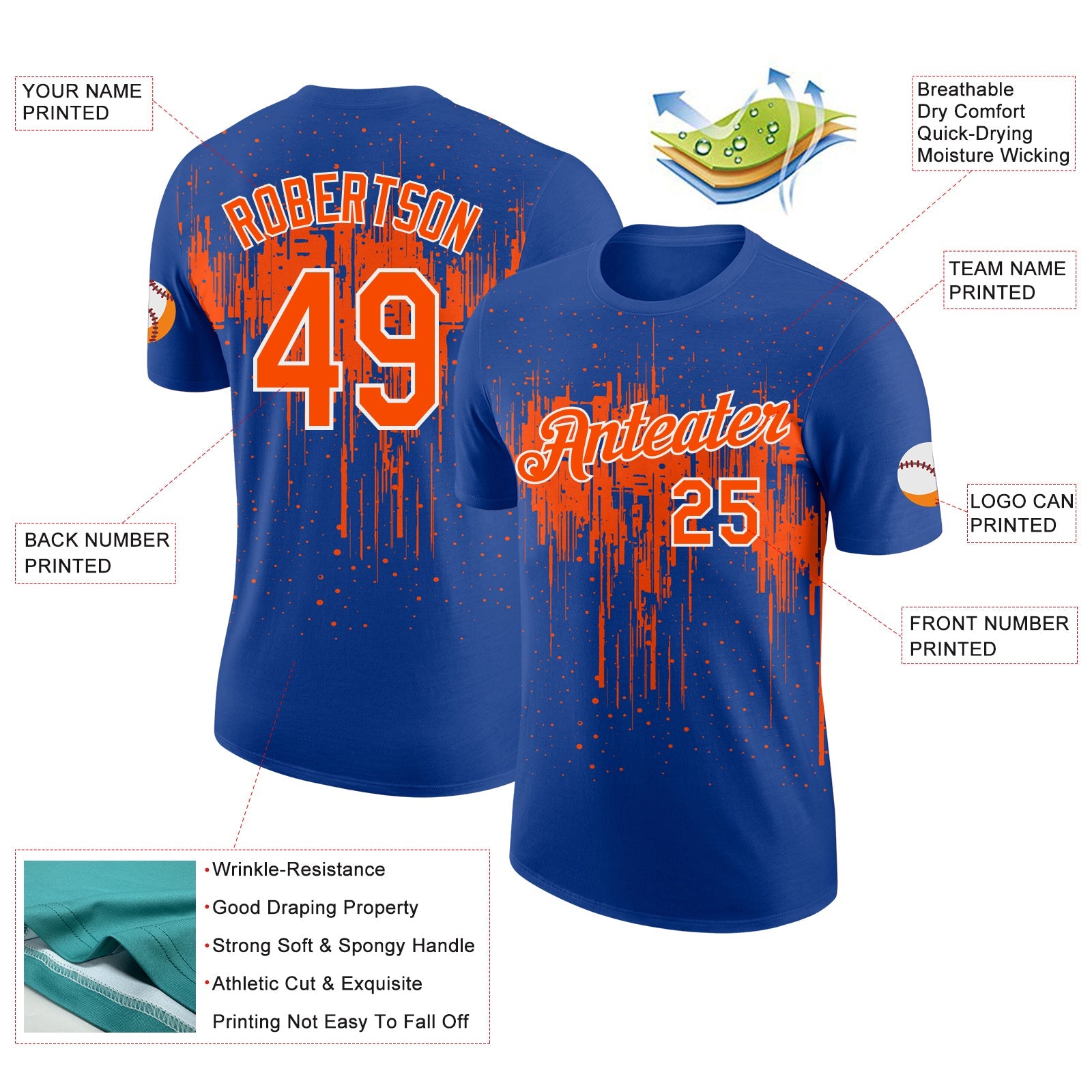 Custom Royal Orange-White Dripping Splatter Paint Performance T-Shirt