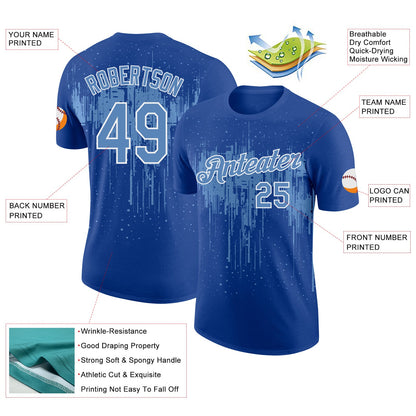 Custom Royal Light Blue-White Dripping Splatter Paint Performance T-Shirt