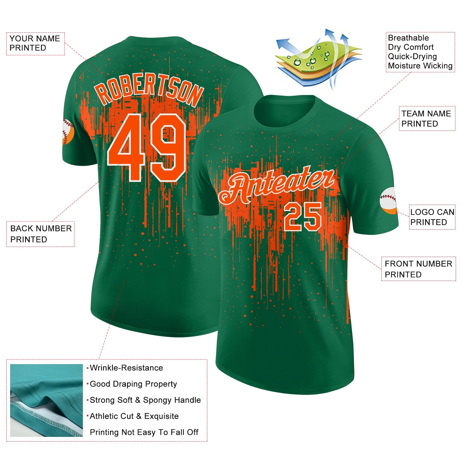 Custom Kelly Green Orange-White Dripping Splatter Paint Performance T-Shirt