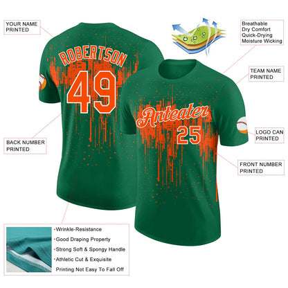 Custom Kelly Green Orange-White Dripping Splatter Paint Performance T-Shirt