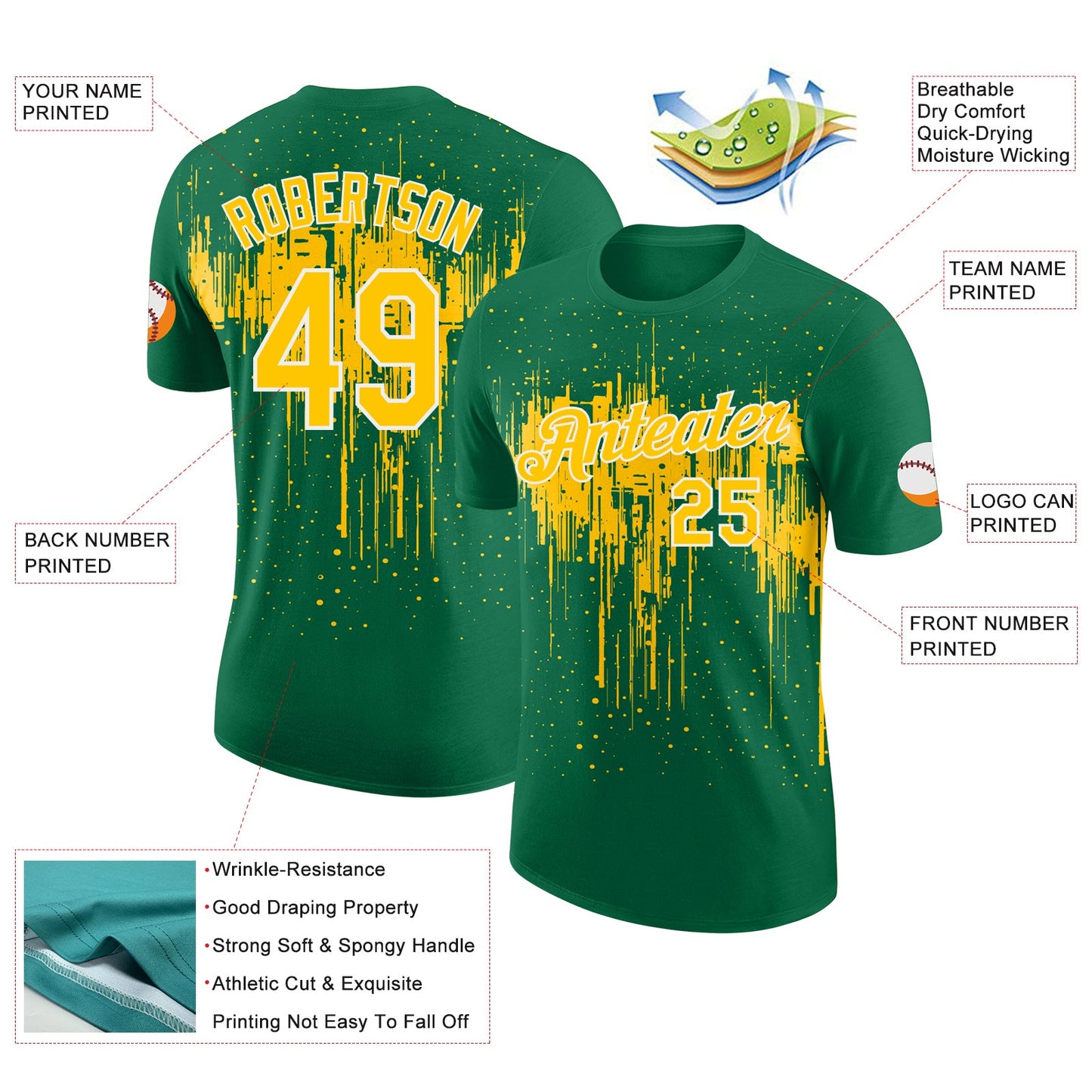Custom Kelly Green Yellow-White Dripping Splatter Paint Performance T-Shirt