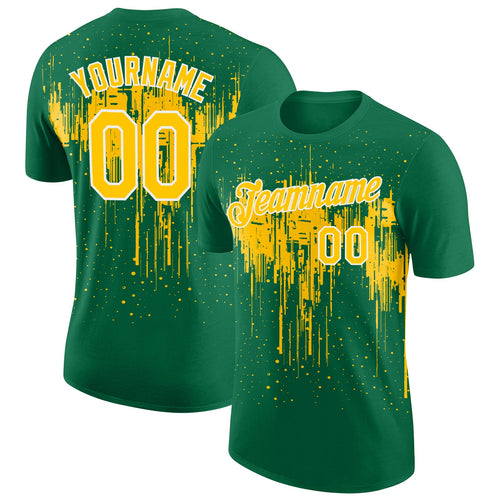 Custom Kelly Green Yellow-White Dripping Splatter Paint Performance T-Shirt