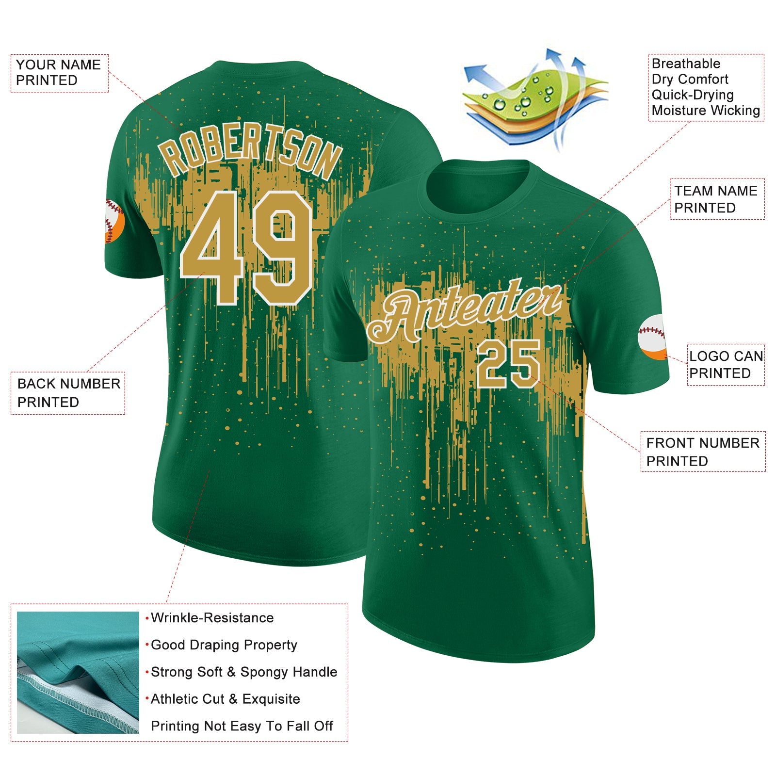 Custom Kelly Green Old Gold-White Dripping Splatter Paint Performance T-Shirt