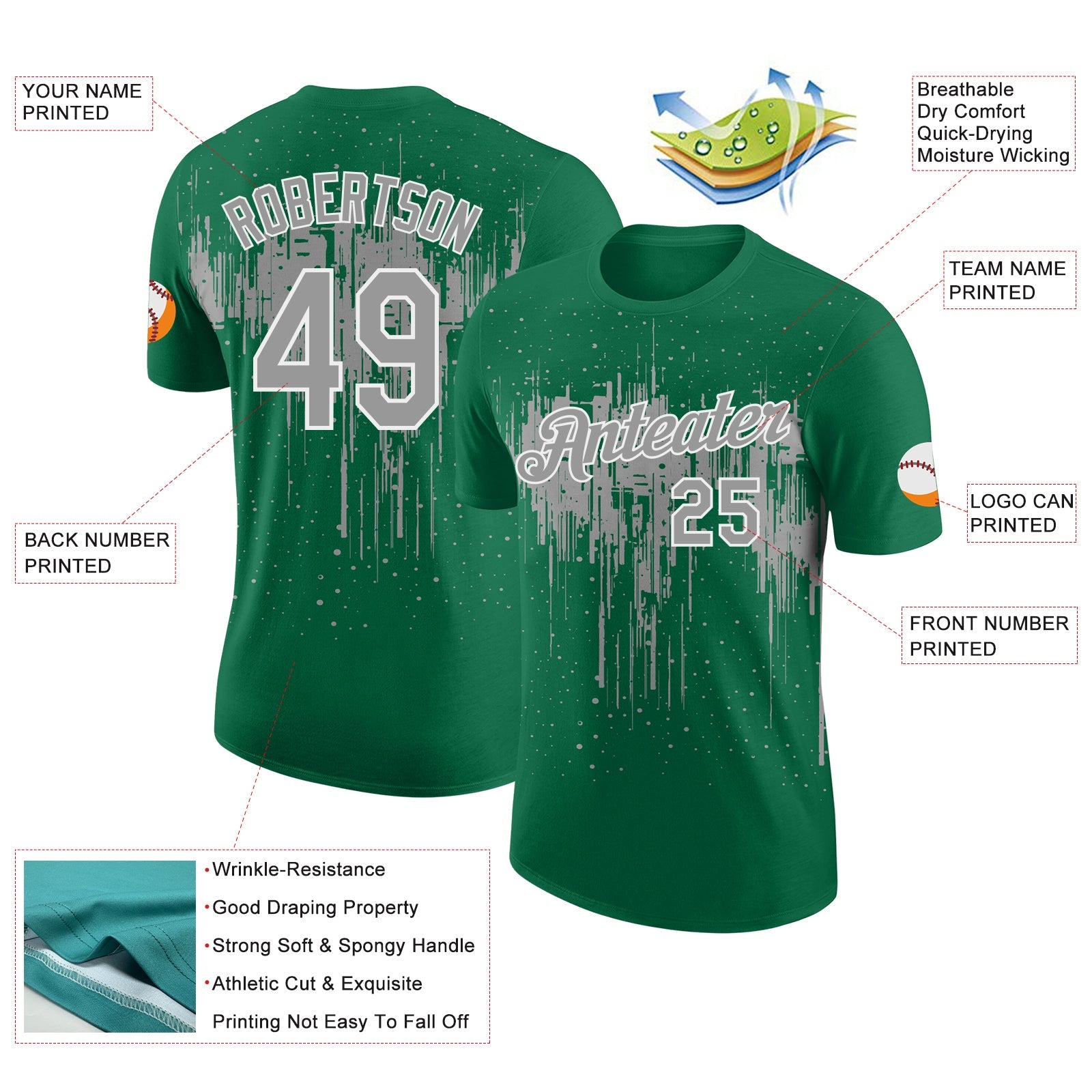 Custom Kelly Green Gray-White Dripping Splatter Paint Performance T-Shirt