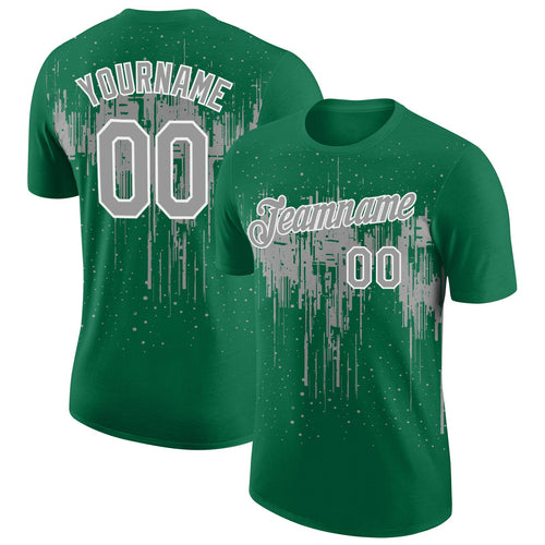 Custom Kelly Green Gray-White Dripping Splatter Paint Performance T-Shirt