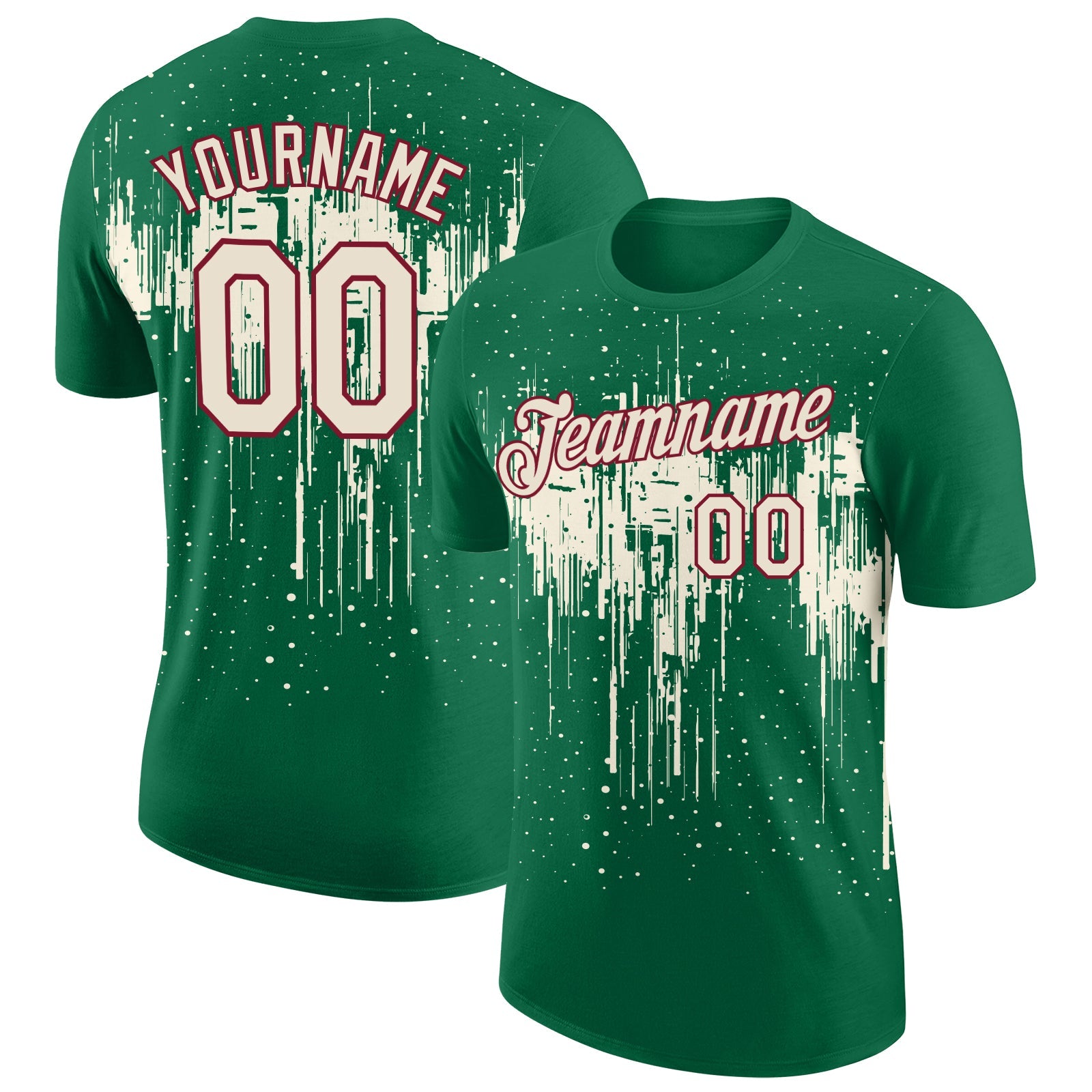 Custom Kelly Green Cream-Crimson Dripping Splatter Paint Performance T-Shirt