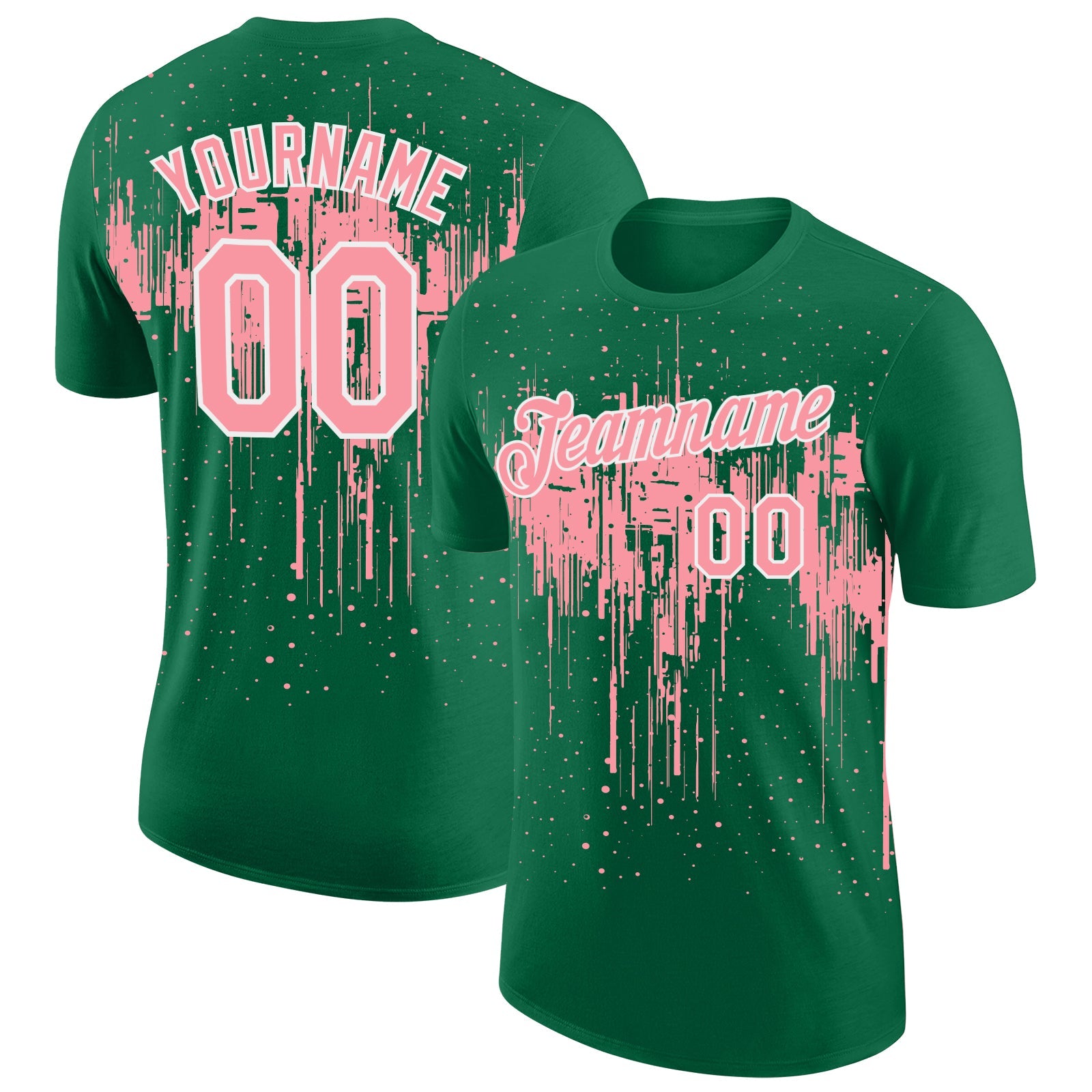 Custom Kelly Green Medium Pink-White Dripping Splatter Paint Performance T-Shirt