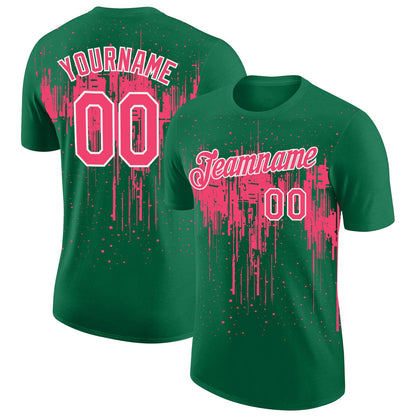 Custom Kelly Green Neon Pink-White Dripping Splatter Paint Performance T-Shirt