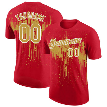 Custom Red Old Gold-White Dripping Splatter Paint Performance T-Shirt