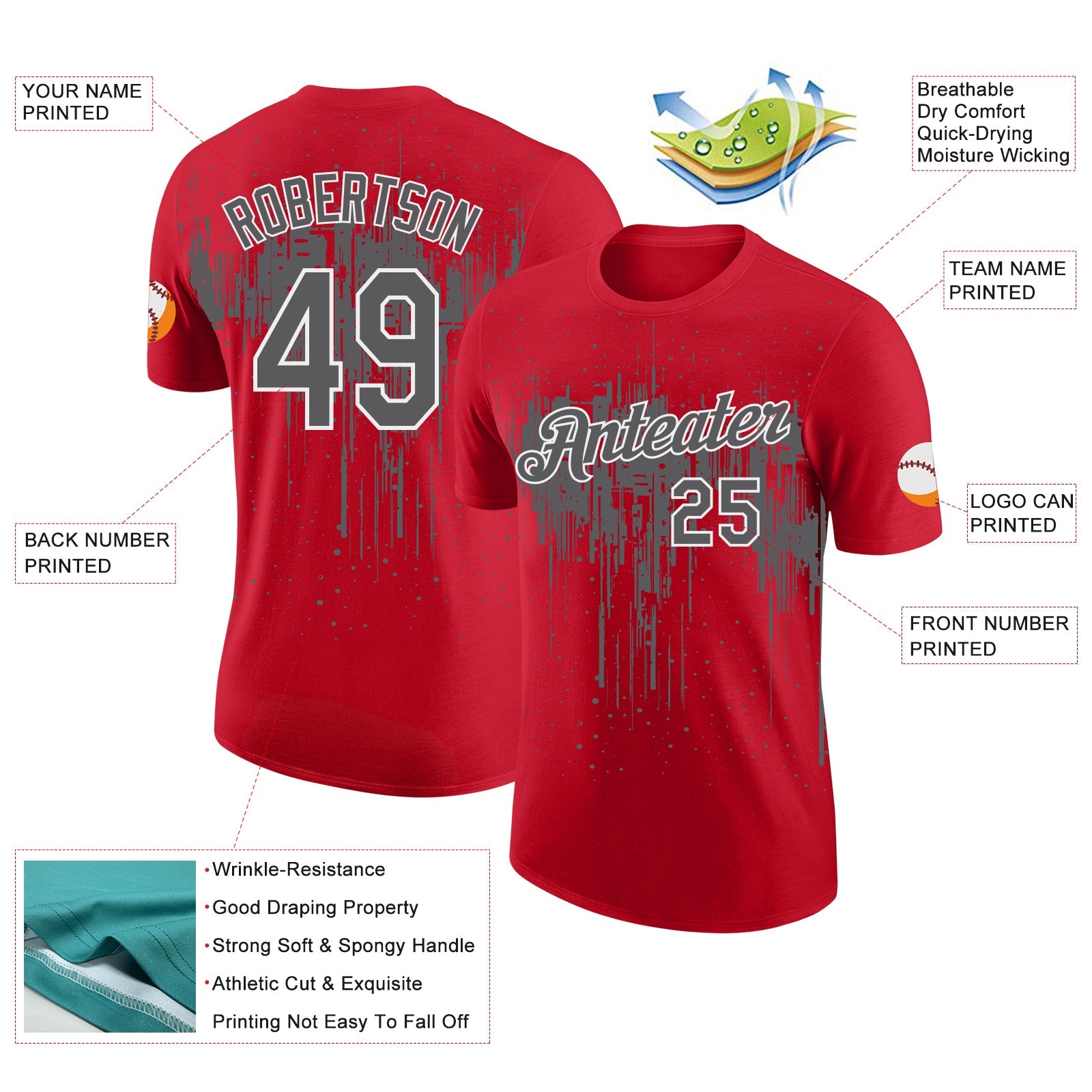 Custom Red Steel Gray-White Dripping Splatter Paint Performance T-Shirt
