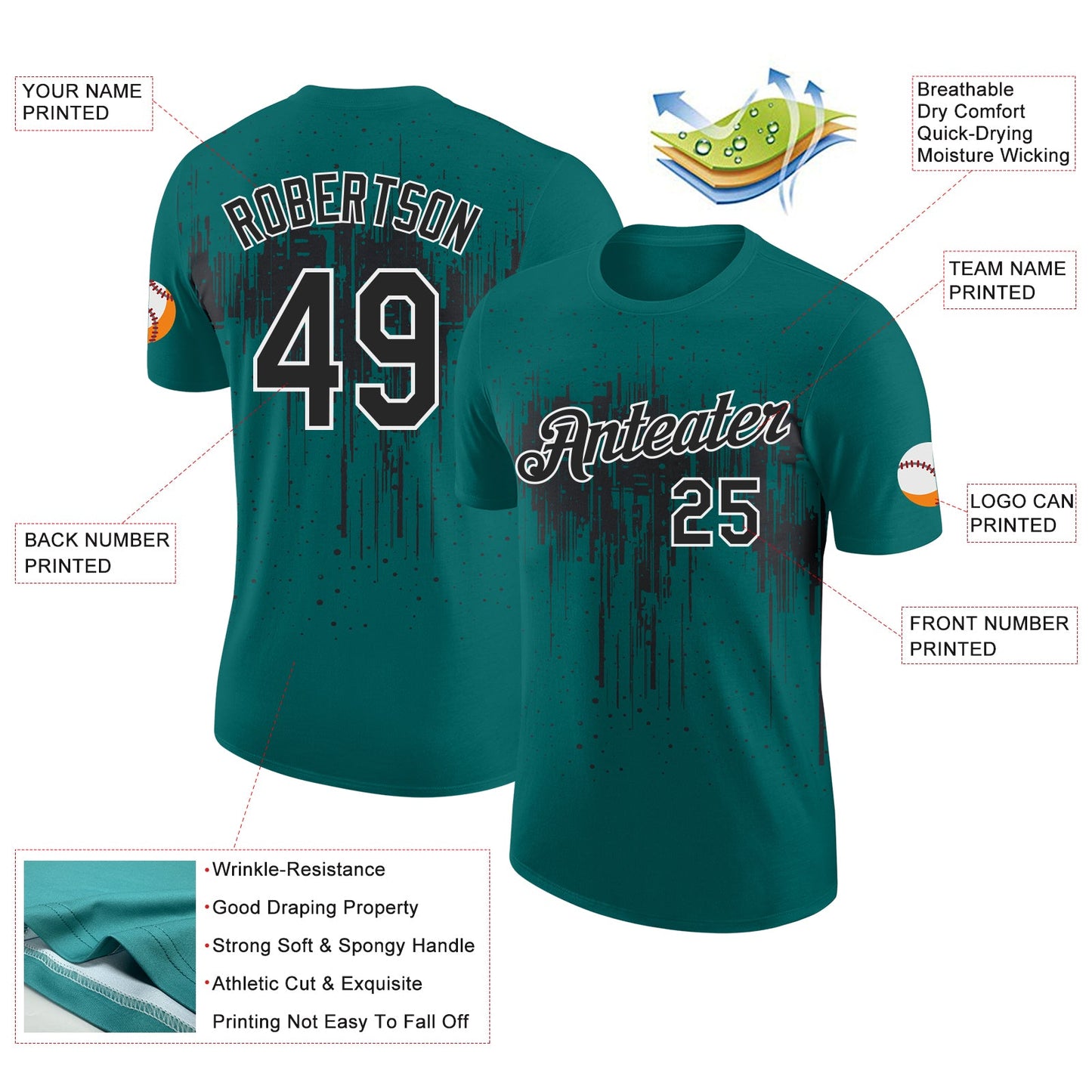 Custom Teal Black-White Dripping Splatter Paint Performance T-Shirt