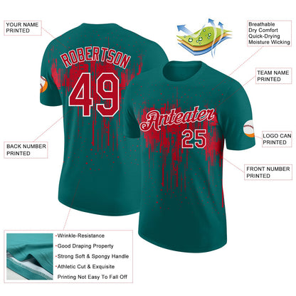 Custom Teal Red-White Dripping Splatter Paint Performance T-Shirt