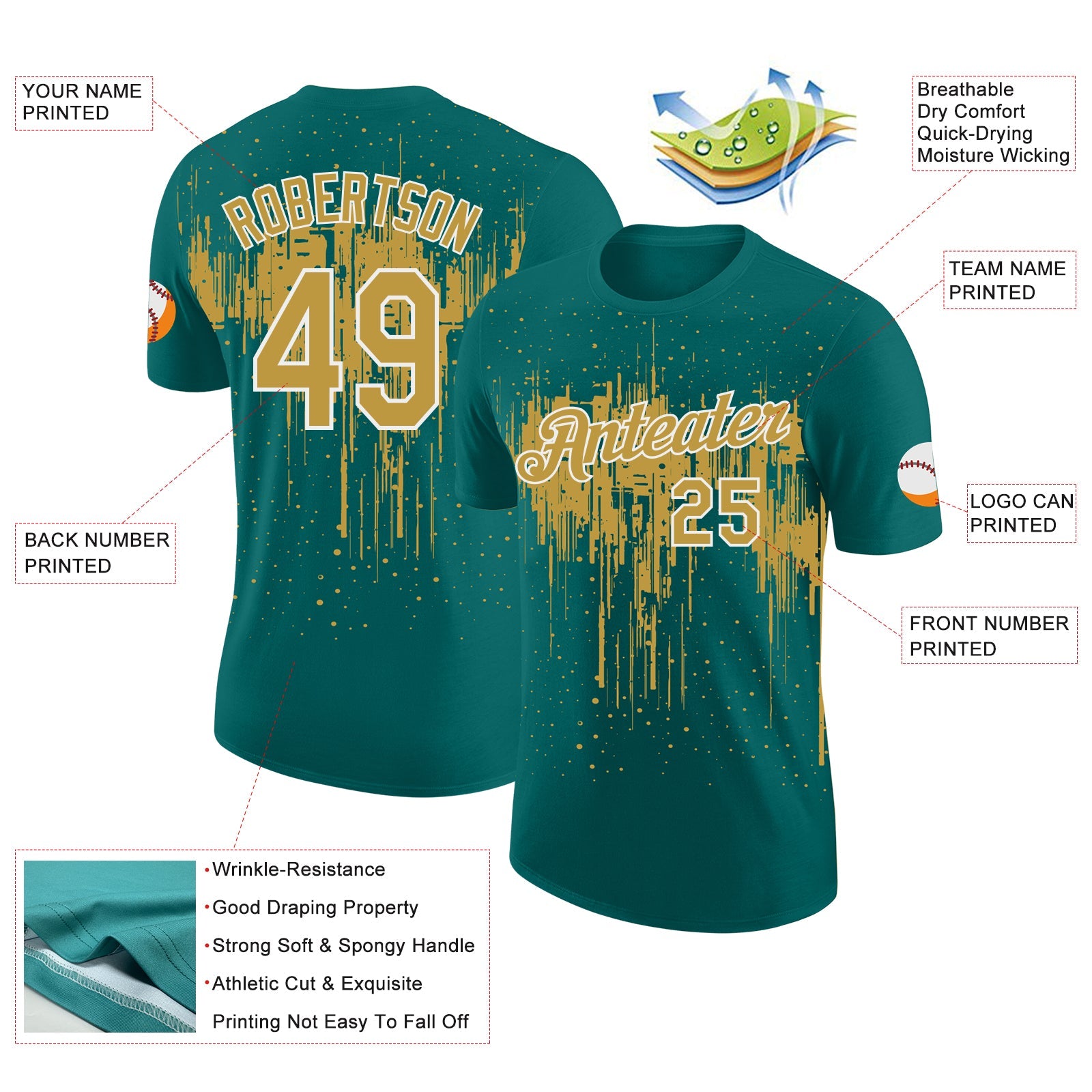 Custom Teal Old Gold-White Dripping Splatter Paint Performance T-Shirt