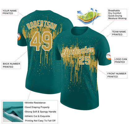 Custom Teal Old Gold-White Dripping Splatter Paint Performance T-Shirt