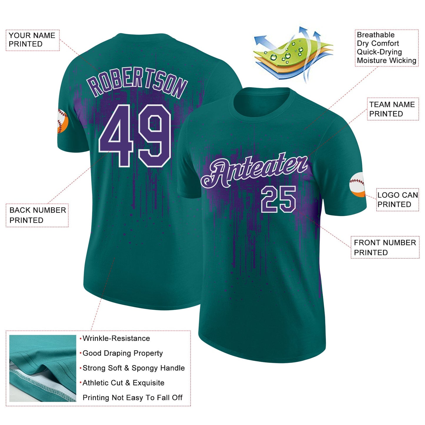 Custom Teal Purple-White Dripping Splatter Paint Performance T-Shirt