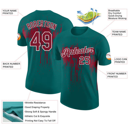 Custom Teal Crimson-White Dripping Splatter Paint Performance T-Shirt