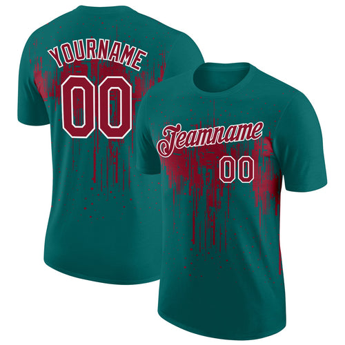 Custom Teal Crimson-White Dripping Splatter Paint Performance T-Shirt