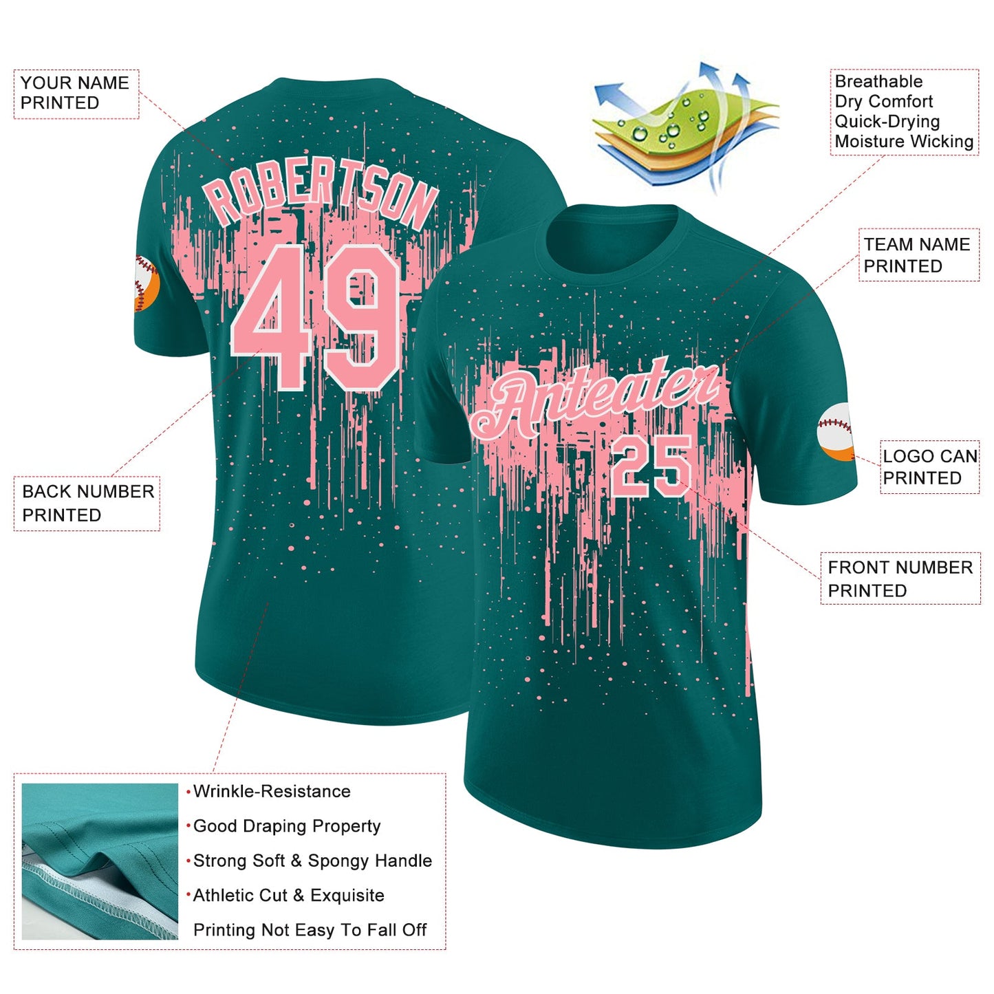 Custom Teal Medium Pink-White Dripping Splatter Paint Performance T-Shirt
