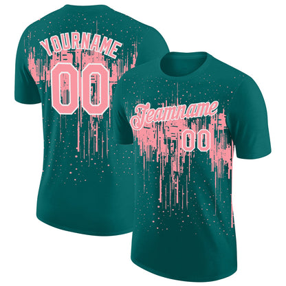 Custom Teal Medium Pink-White Dripping Splatter Paint Performance T-Shirt