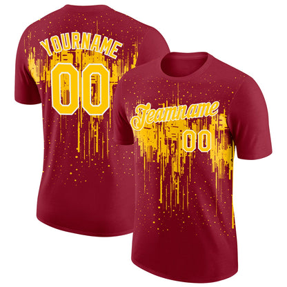 Custom Crimson Yellow-White Dripping Splatter Paint Performance T-Shirt