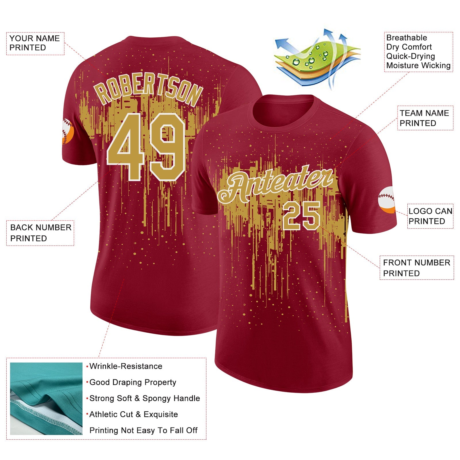 Custom Crimson Old Gold-White Dripping Splatter Paint Performance T-Shirt