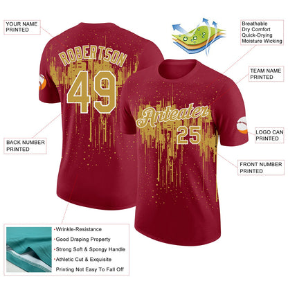 Custom Crimson Old Gold-White Dripping Splatter Paint Performance T-Shirt