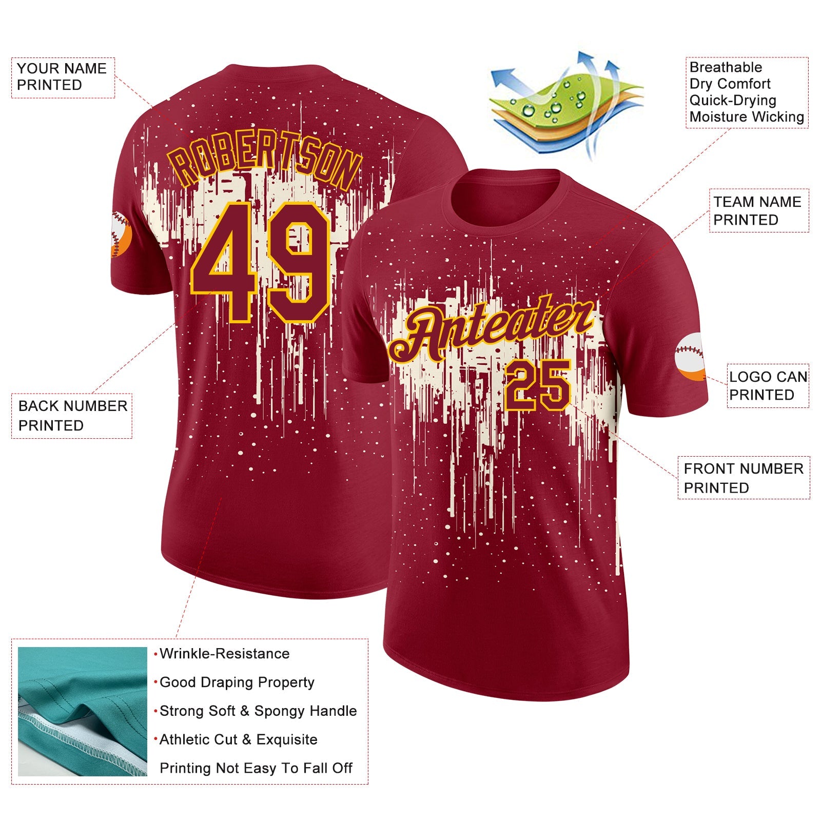 Custom Crimson Cream-Yellow Dripping Splatter Paint Performance T-Shirt