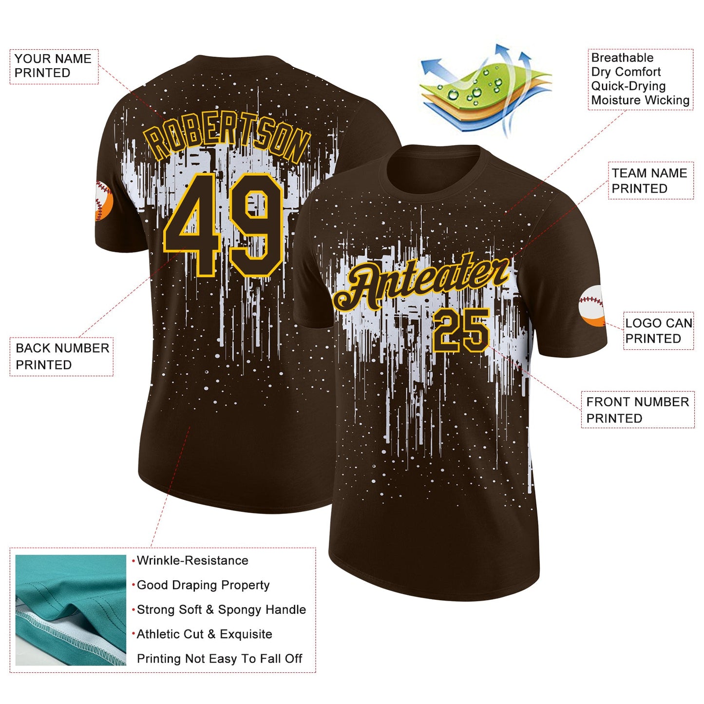 Custom Brown White-Yellow Dripping Splatter Paint Performance T-Shirt
