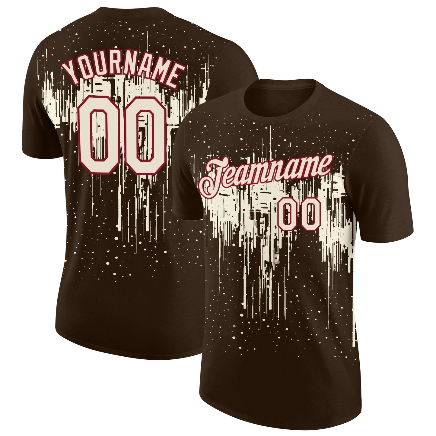 Custom Brown Cream-Crimson Dripping Splatter Paint Performance T-Shirt