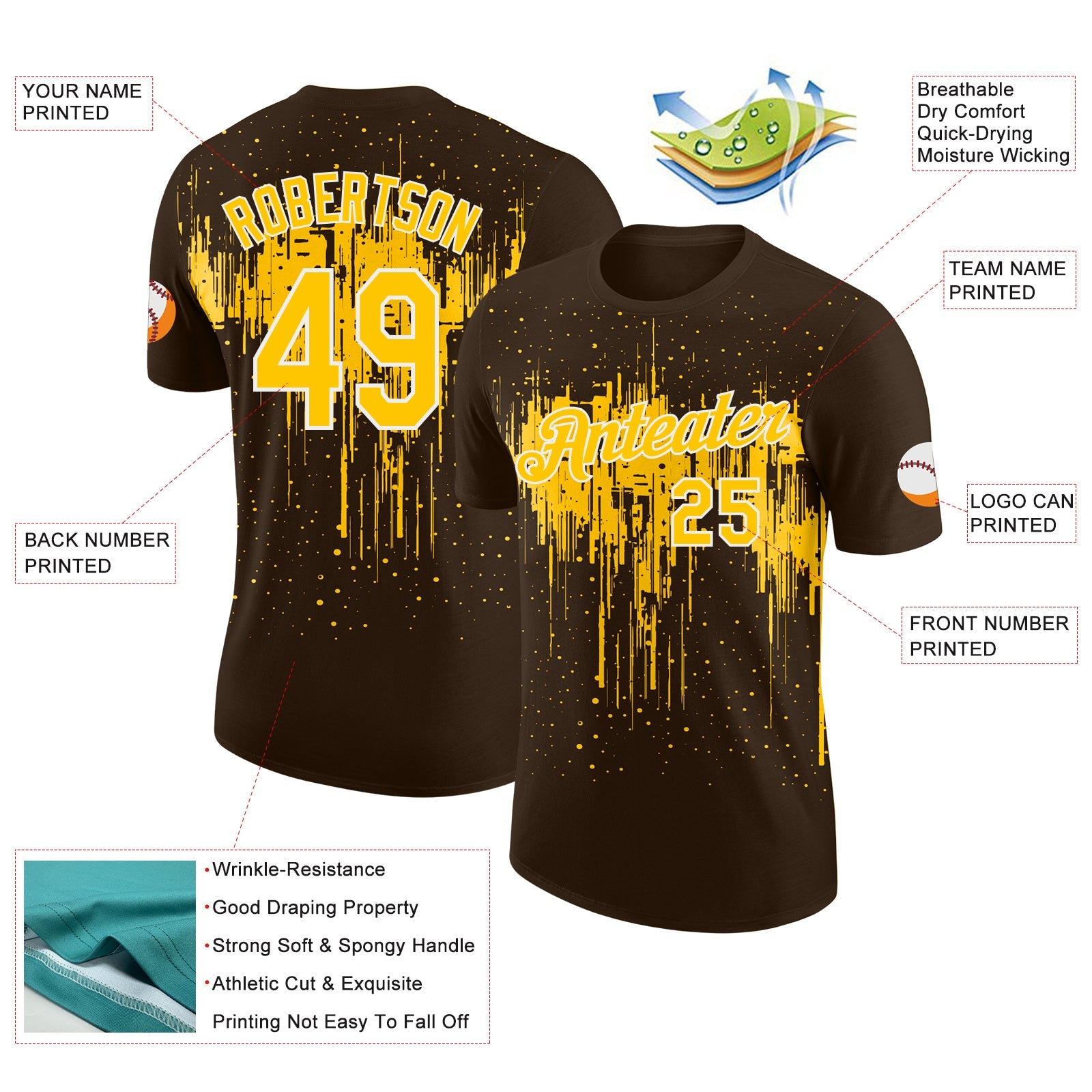 Custom Brown Yellow-White Dripping Splatter Paint Performance T-Shirt