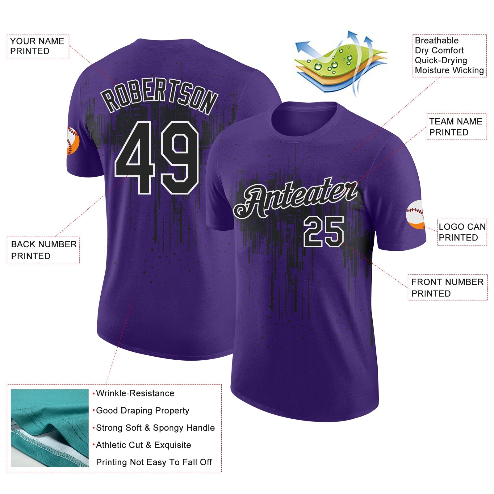 Custom Purple Black-White Dripping Splatter Paint Performance T-Shirt