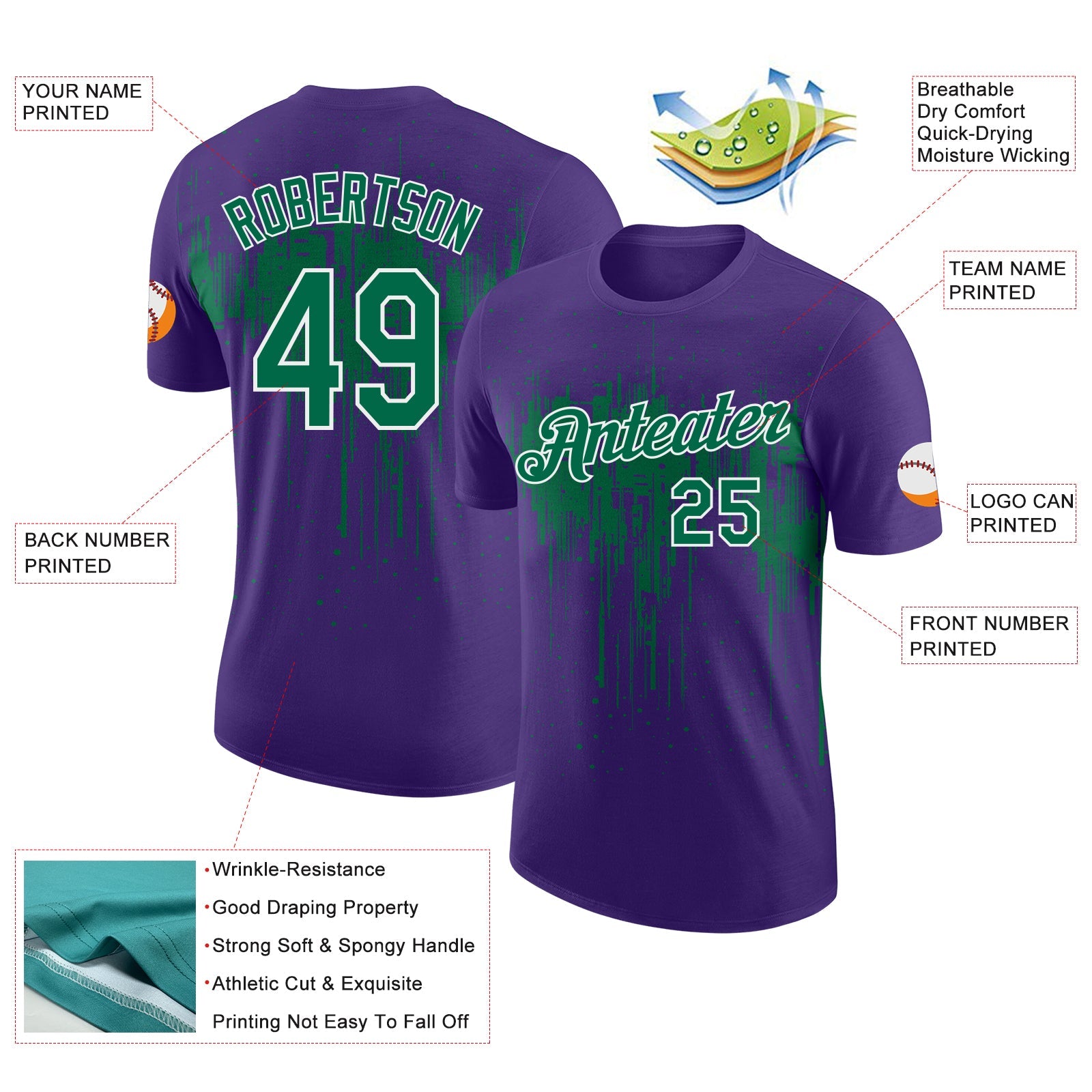 Custom Purple Kelly Green-White Dripping Splatter Paint Performance T-Shirt